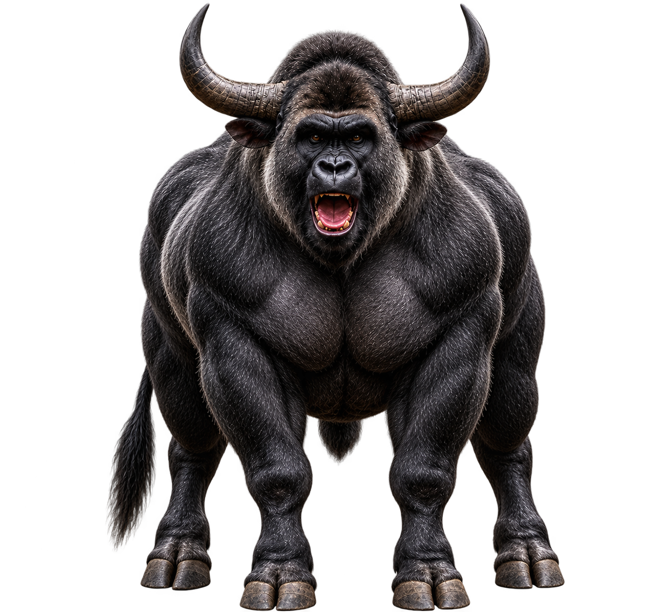 LAYOBULL: a muscular gorilla-bull hybrid with massive curved horns, roaring