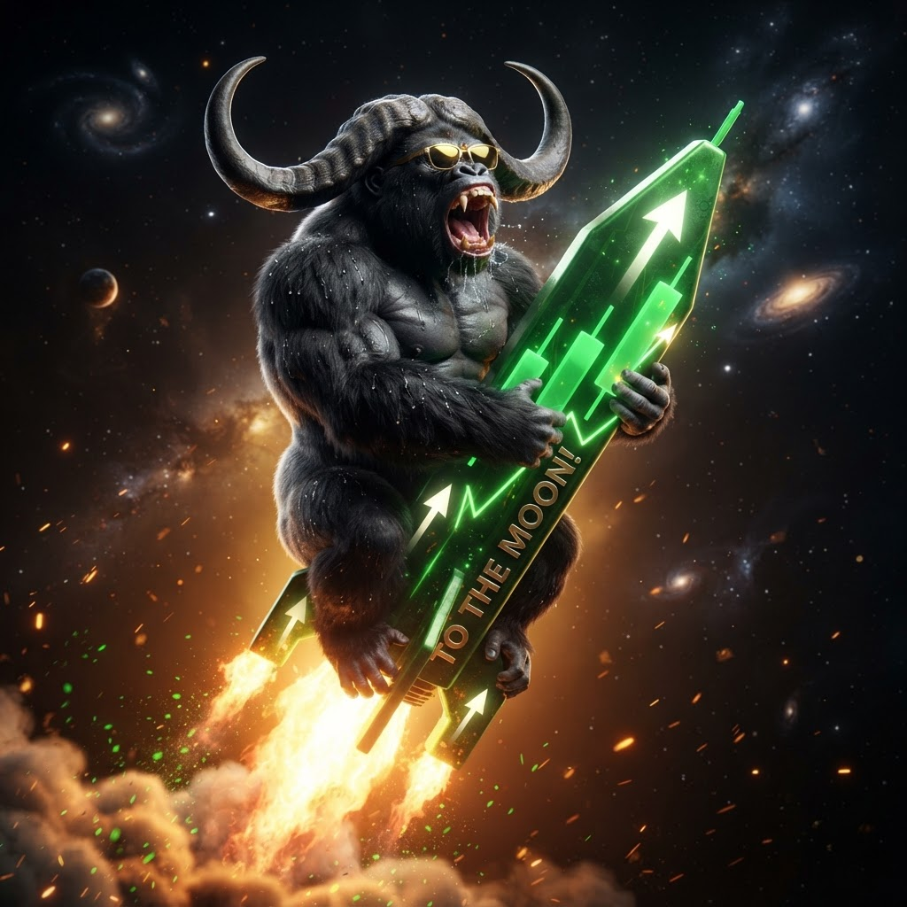 LAYOBULL in sunglasses riding a green candle upward