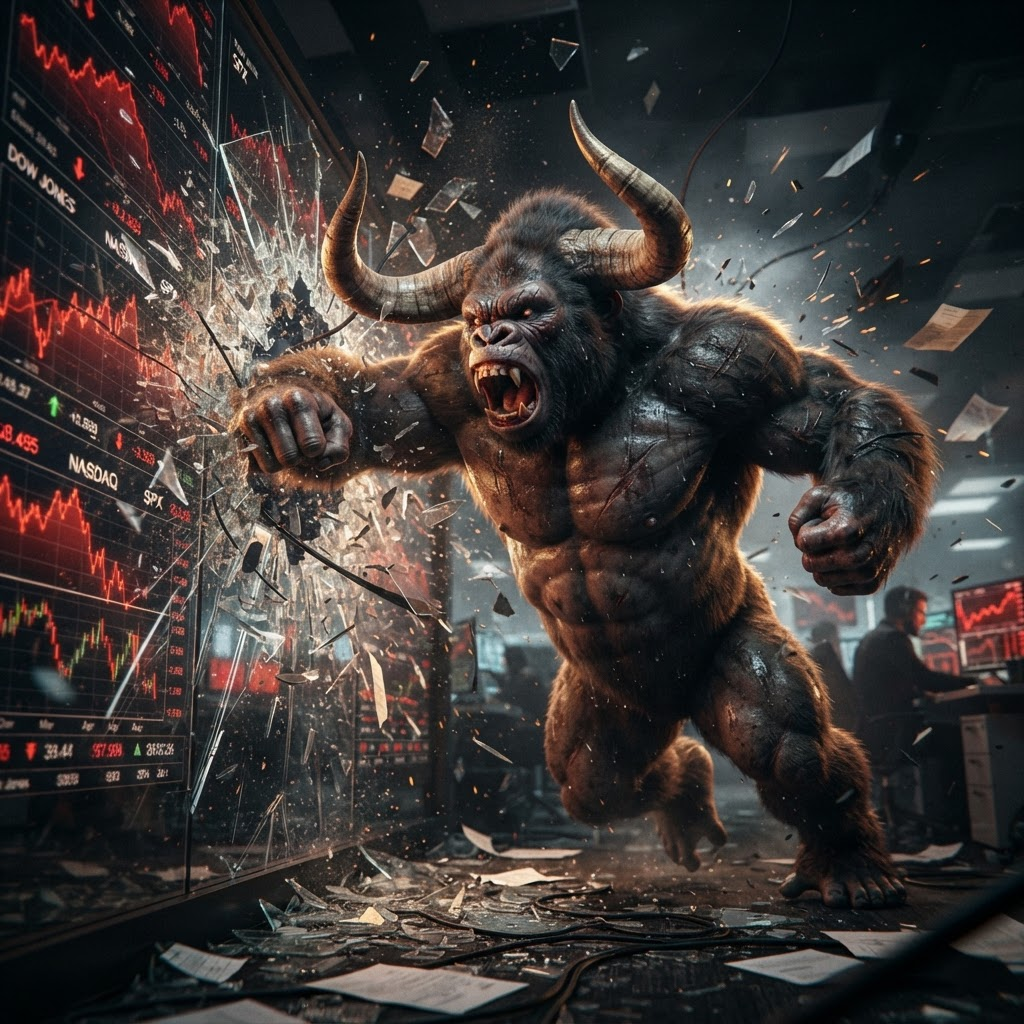 LAYOBULL smashing through a wall of red charts