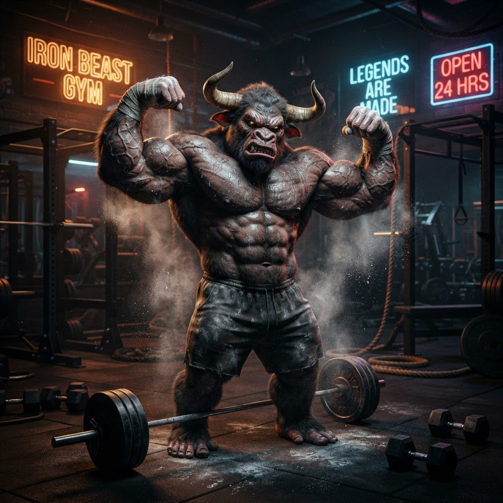 LAYOBULL flexing its arms in a neon-lit gym